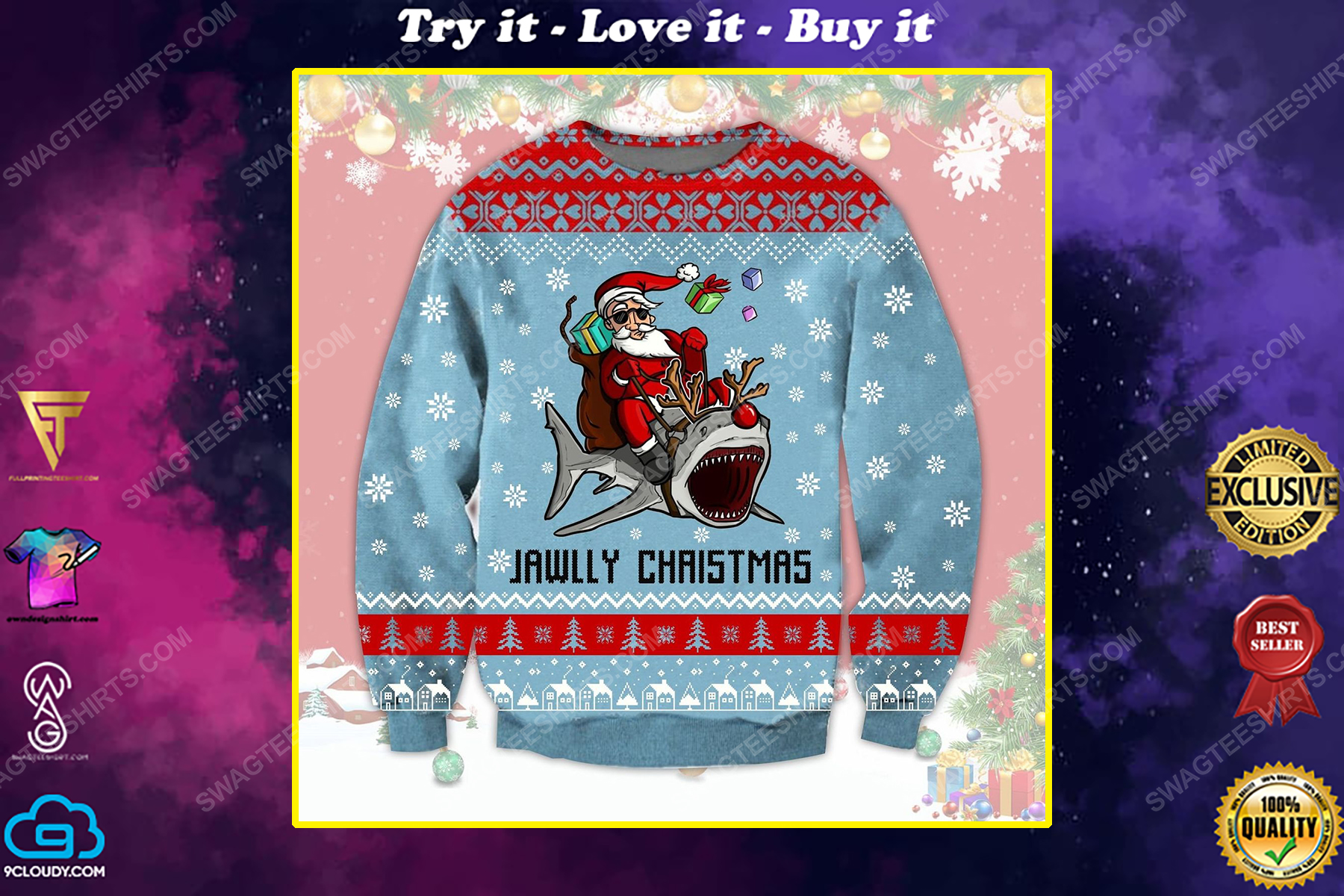 Santa riding shark jawlly christmas ugly christmas sweater 1