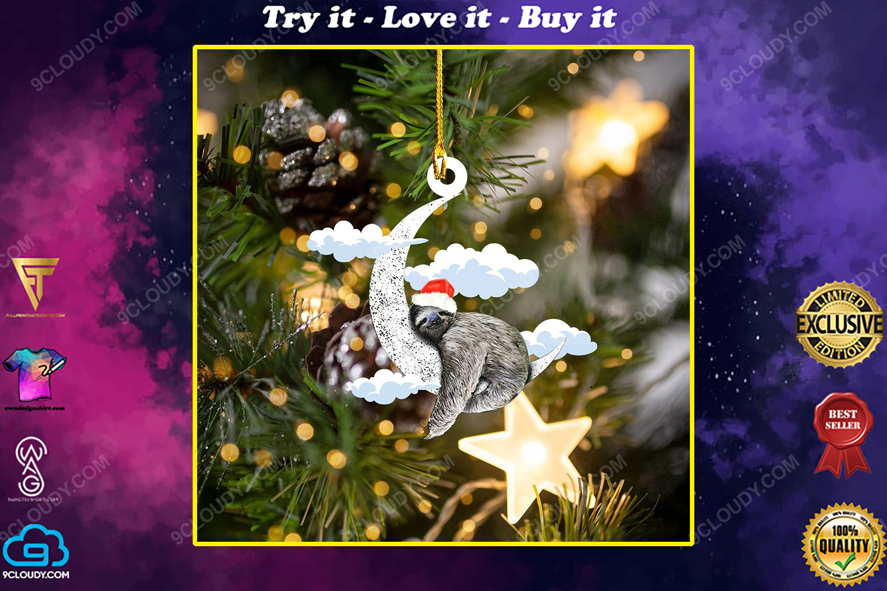 Sloth and moon christmas gift ornament