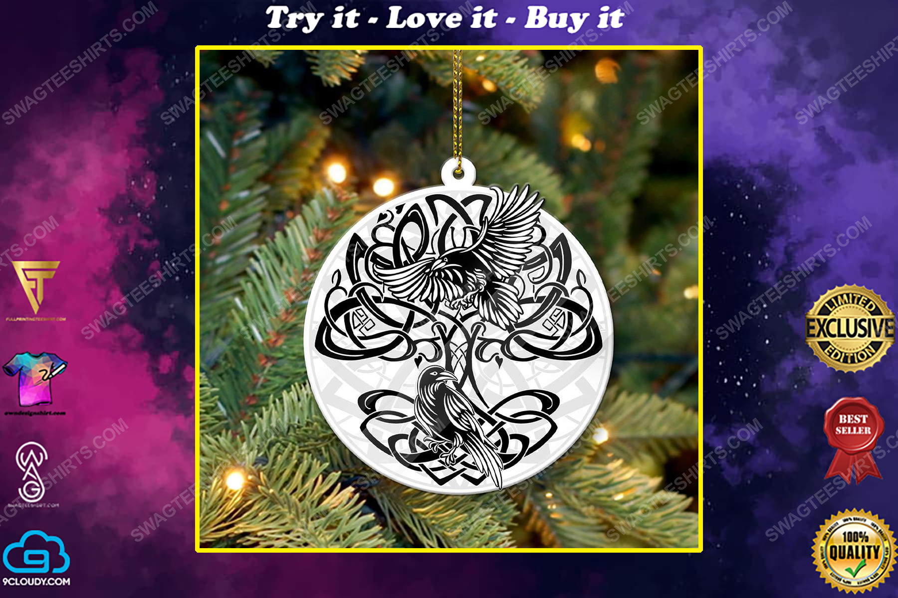 Tree of life and totem birds raven christmas gift ornament