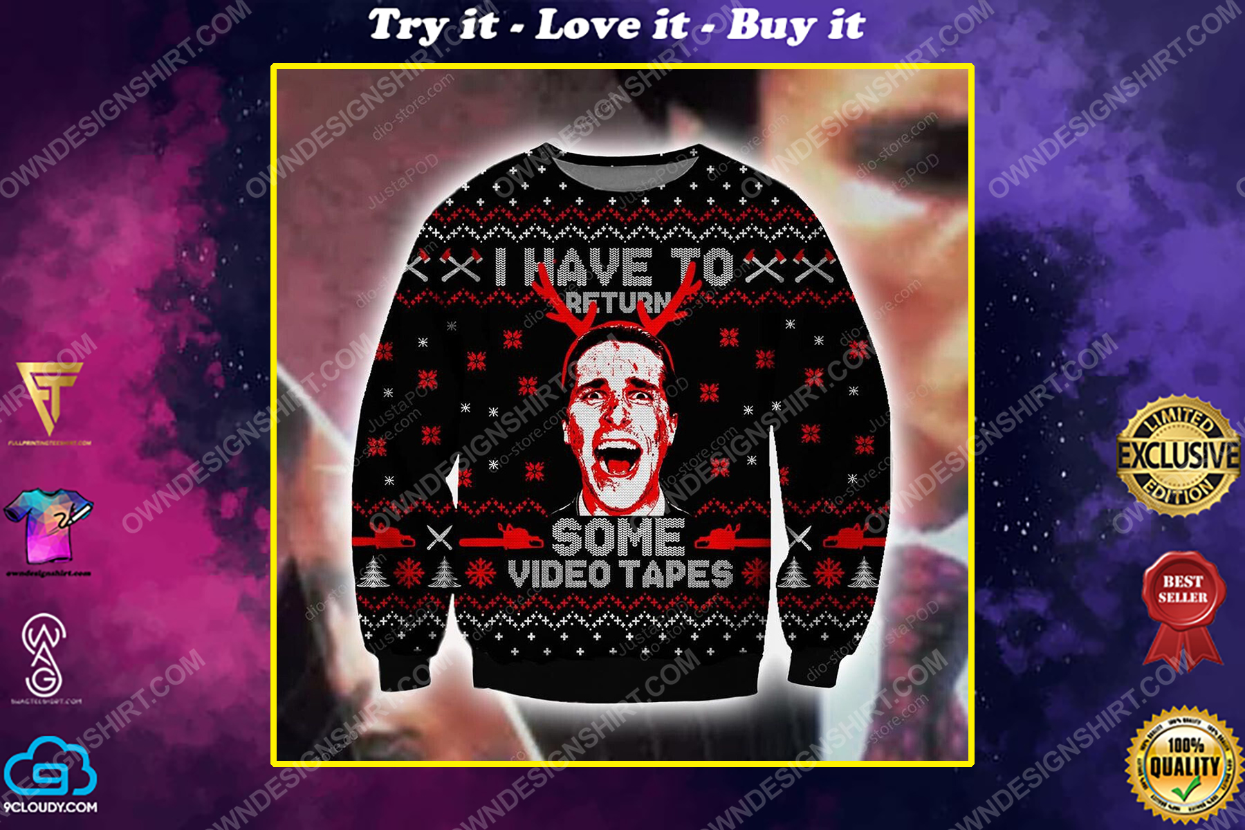 American psycho i have to return some videotapes ugly christmas sweater