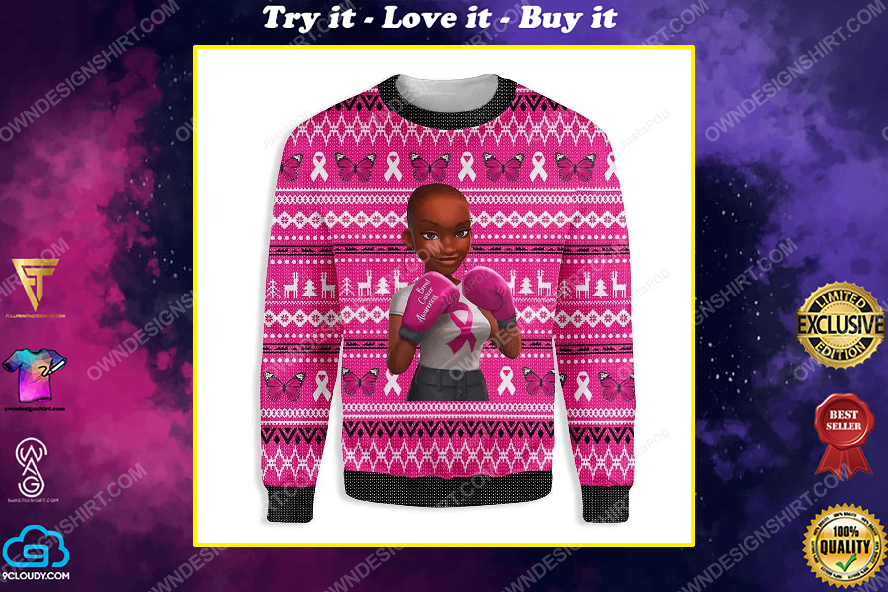 Black girl fight breast cancer awareness ugly christmas sweater