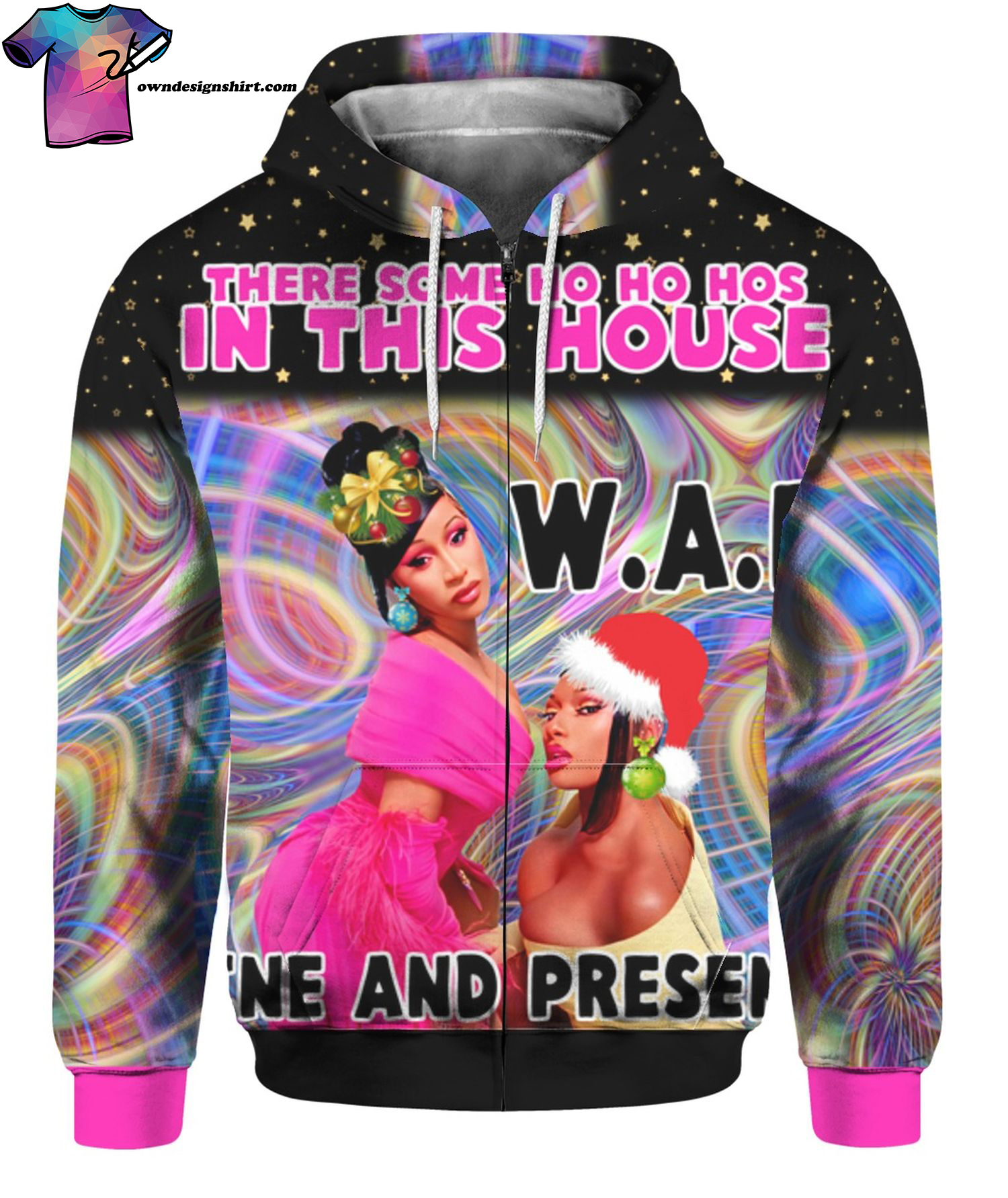 Cardi B There Some Ho Ho Hos In This House Wap Wine And Presents Full Print Zip Hoodie