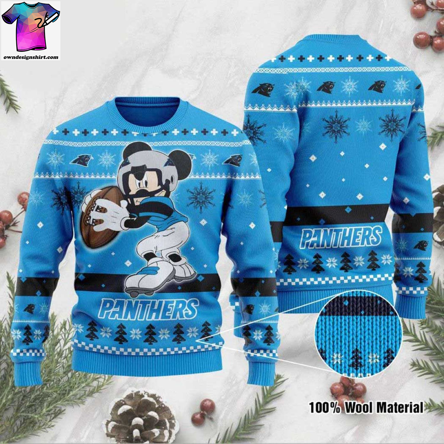 Carolina panthers and mickey mouse ugly christmas sweater