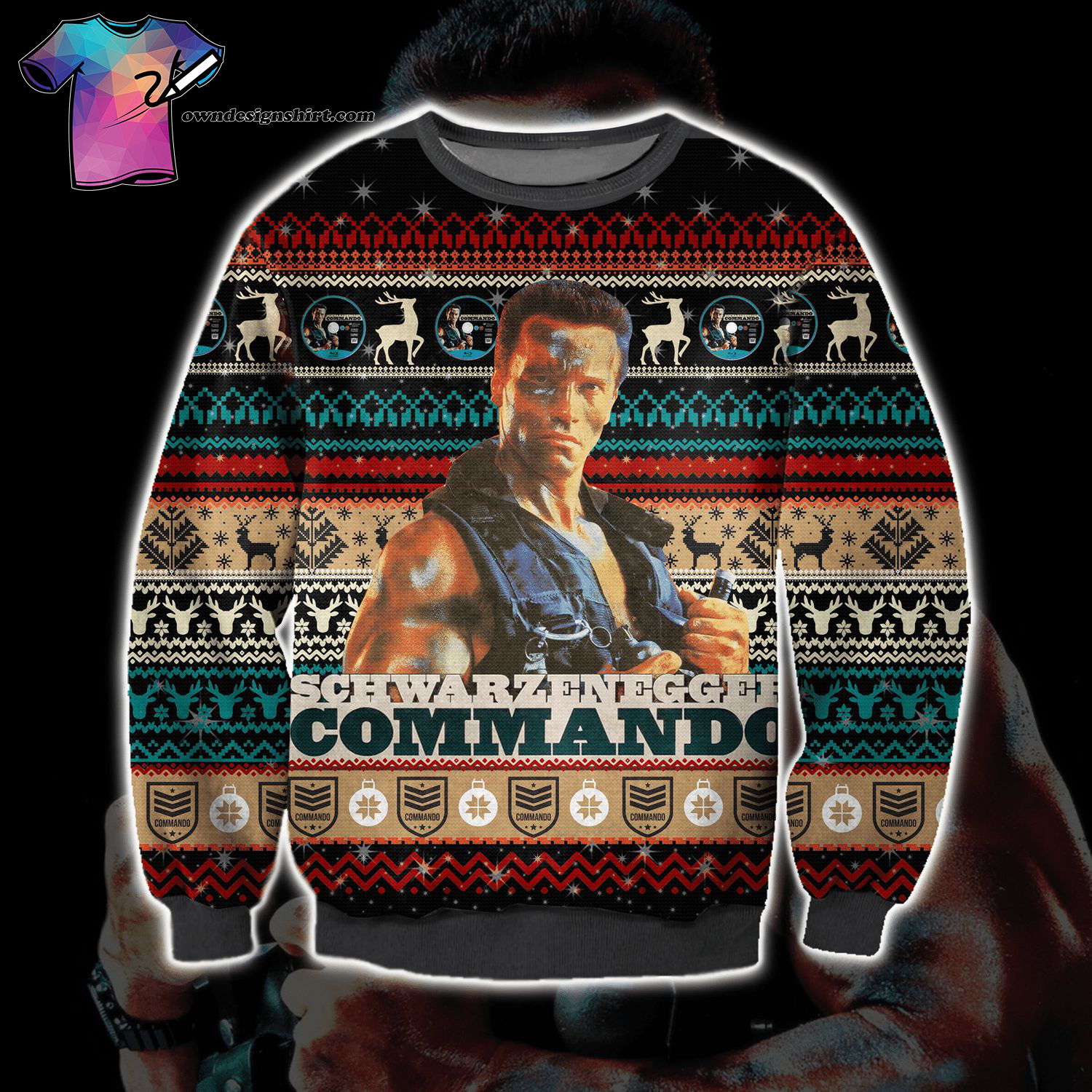 Commando Schwarzenegger All Over Print Ugly Christmas Sweater
