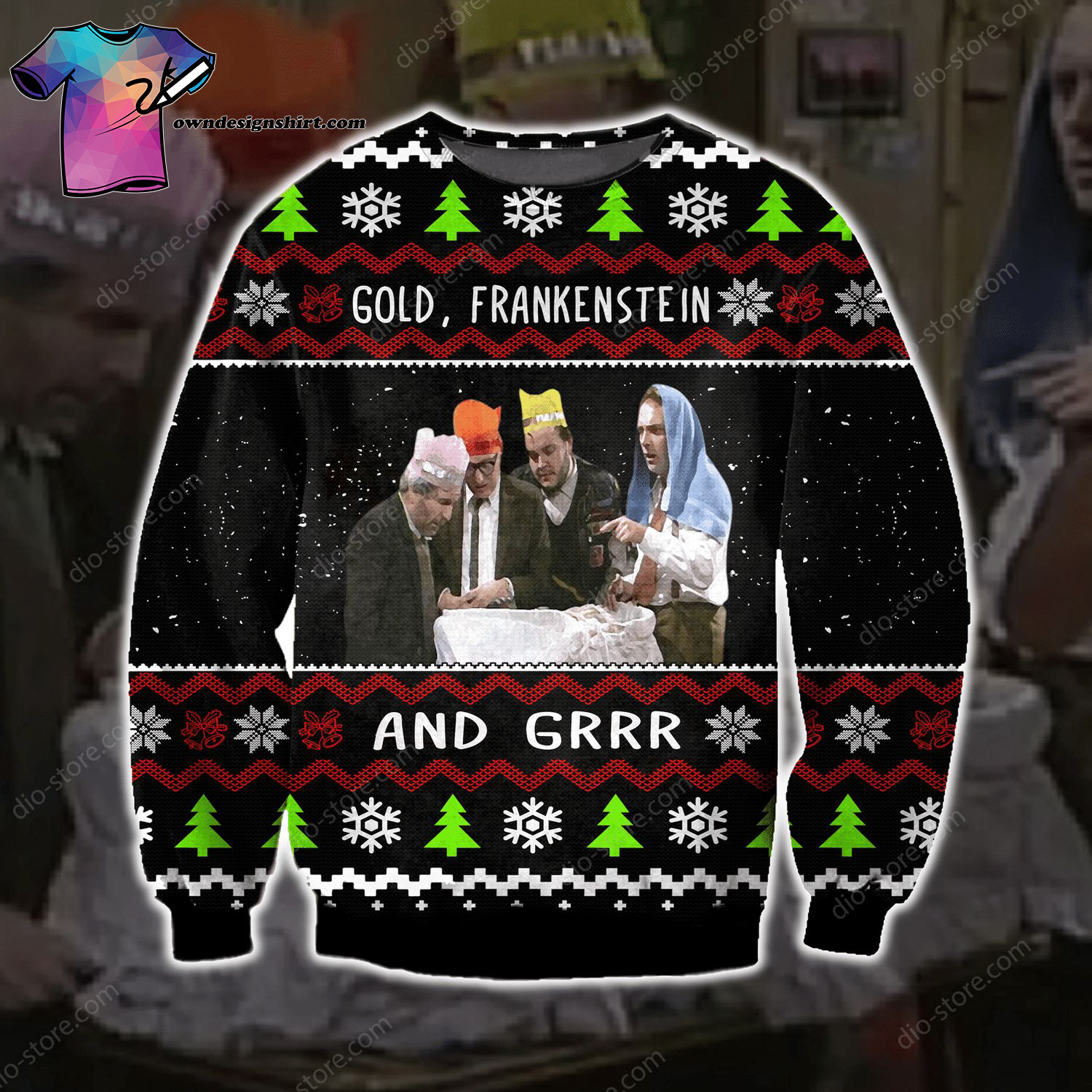 Gold Frankenstein And Grr Full Print Ugly Christmas Sweater