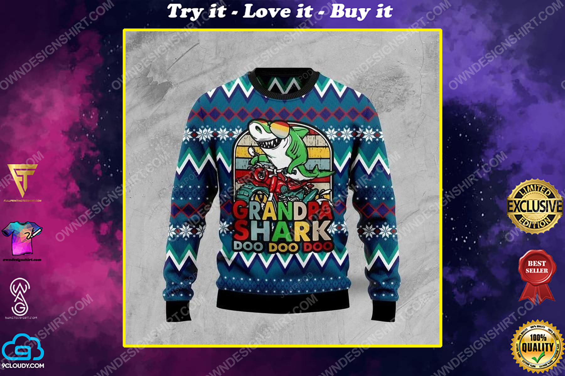 Grandpa shark dododo full print ugly christmas sweater