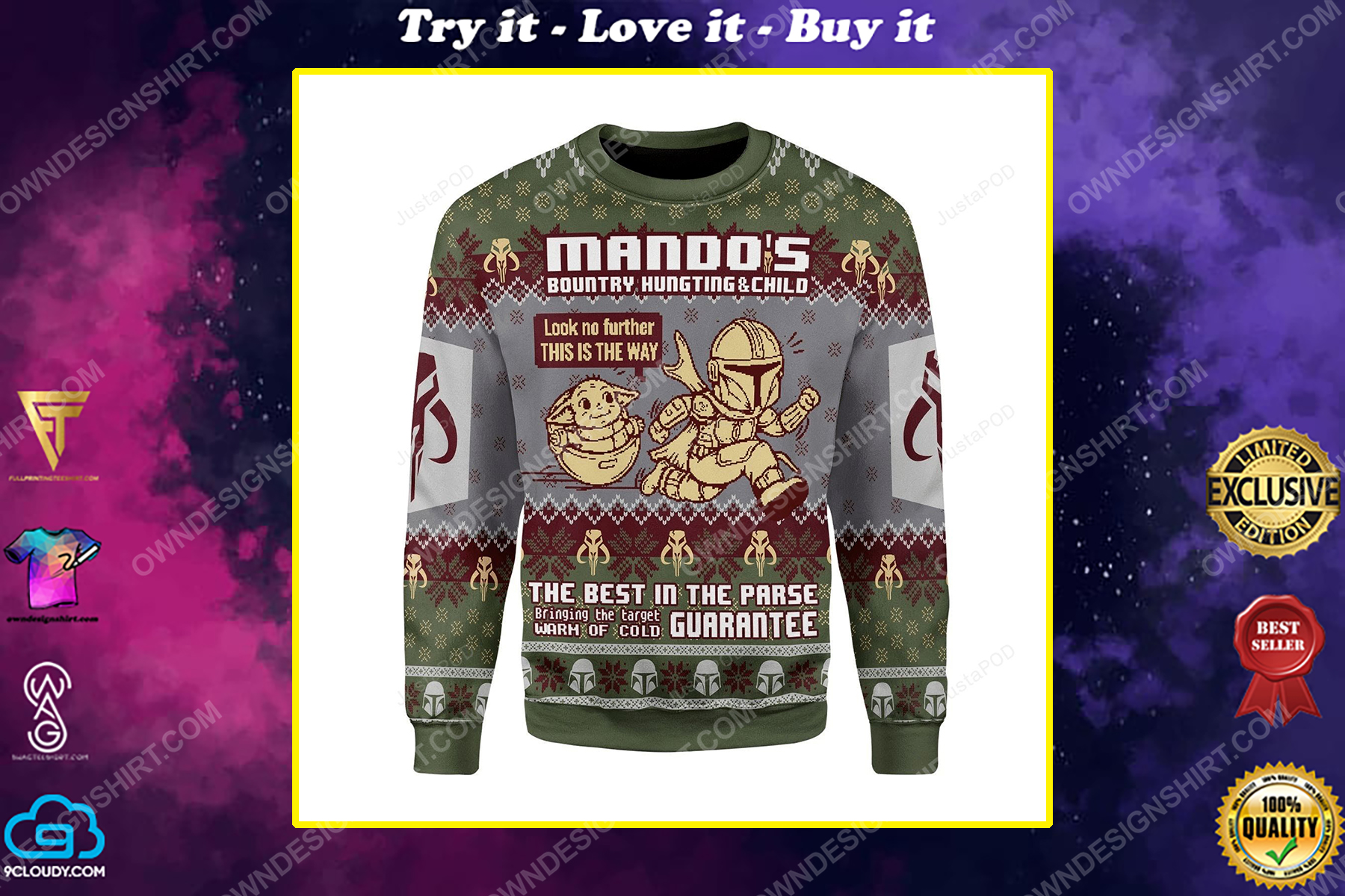 Mando's bountry hunting and child ugly christmas sweater