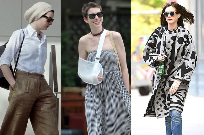 Street style anne hathaway mixing cheap knitted silk blouse with brand name