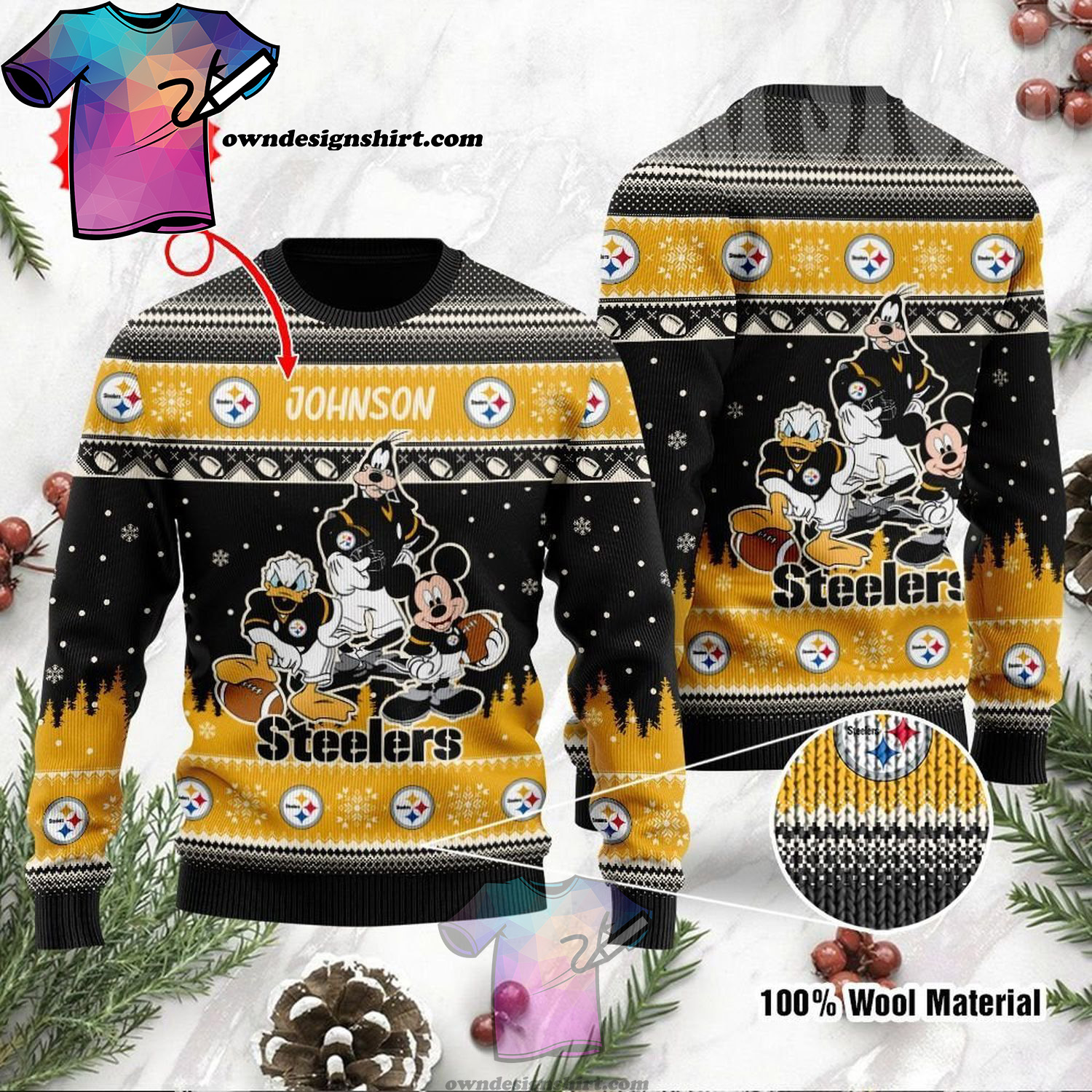 Pittsburgh Steelers Disney Donald Duck Mickey Mouse Goofy Ugly Christmas Sweater