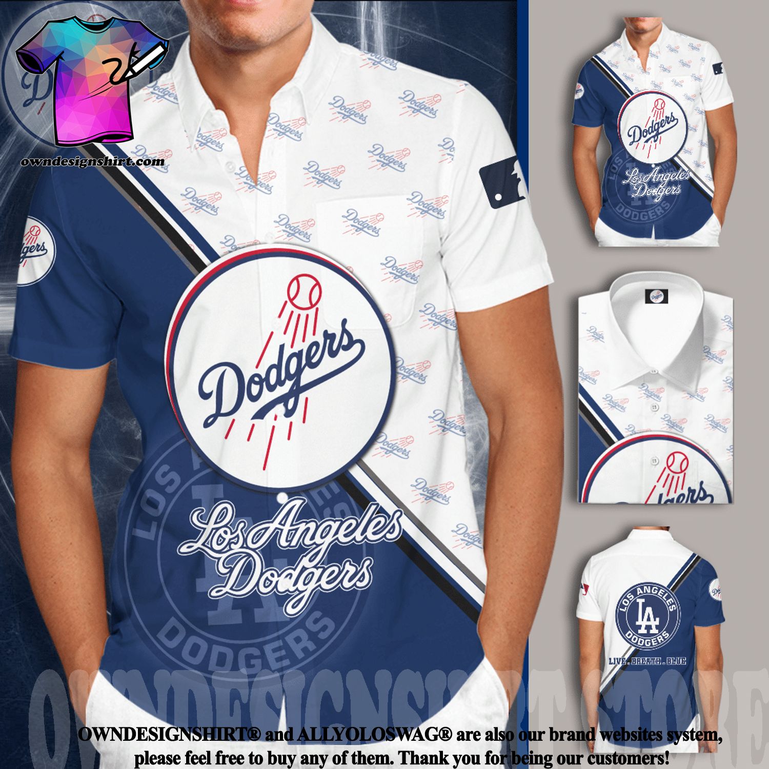 Los Angeles Dodgers Logo All Over Print Short Sleeve Dress Shirt Hawaiian Summer Aloha Beach Shirt – Navy White