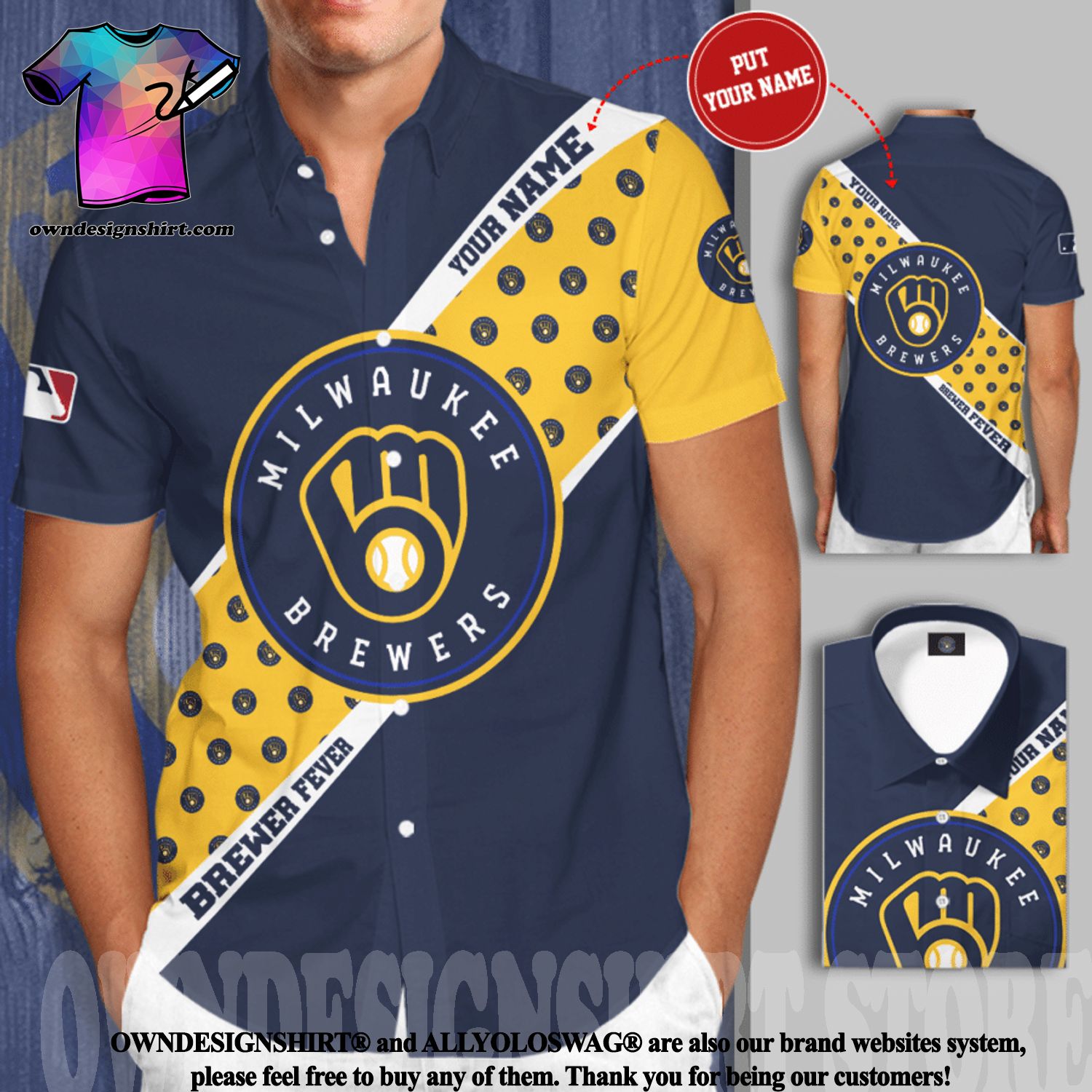 The best selling] Personalized Milwaukee Brewers All Over Print Short  Sleeve Dress Shirt Hawaiian Summer Aloha Beach Shirt - Cobalt Yellow