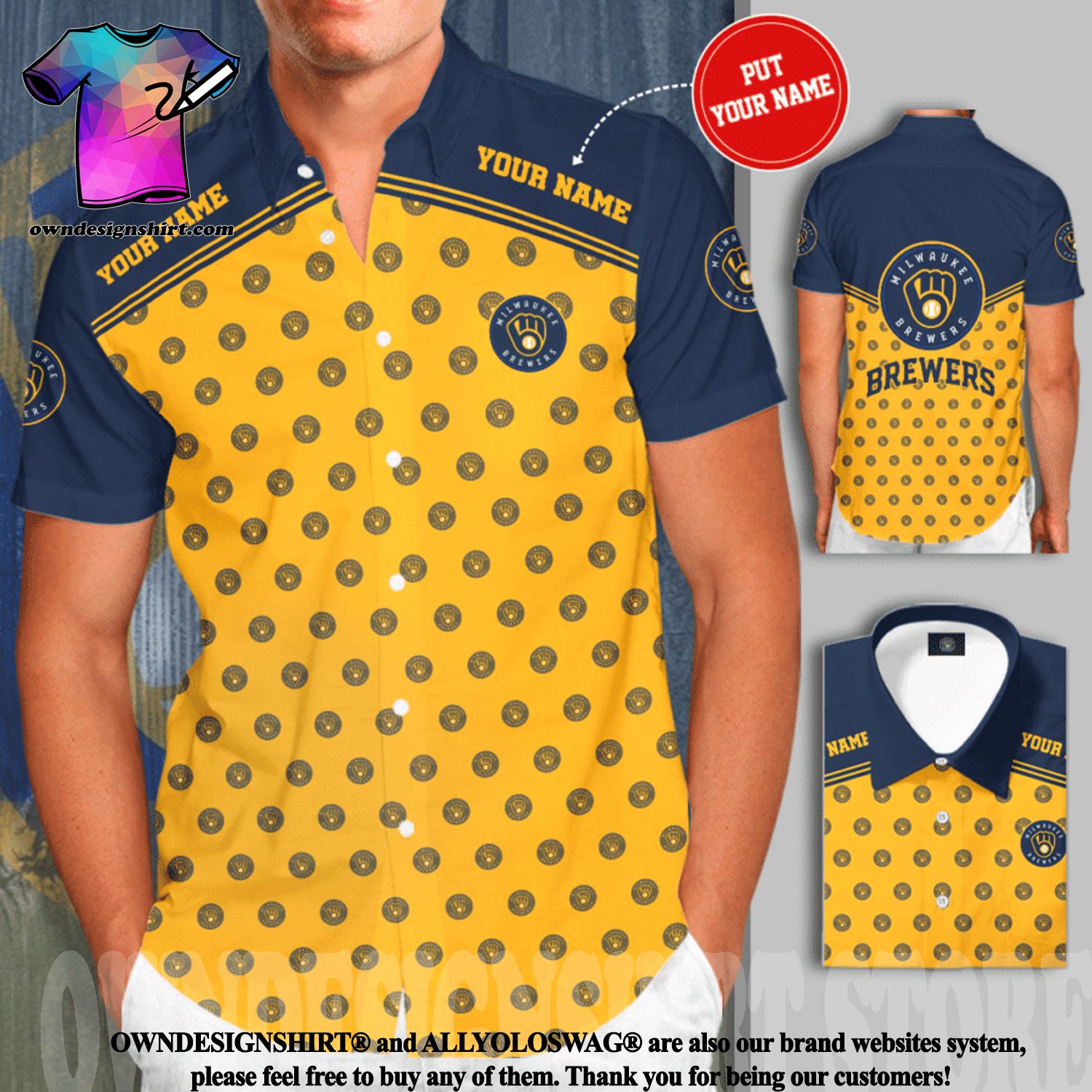 The best selling] Personalized Milwaukee Brewers All Over Print Short  Sleeve Dress Shirt Hawaiian Summer Aloha Beach Shirt - Yellow Cobalt