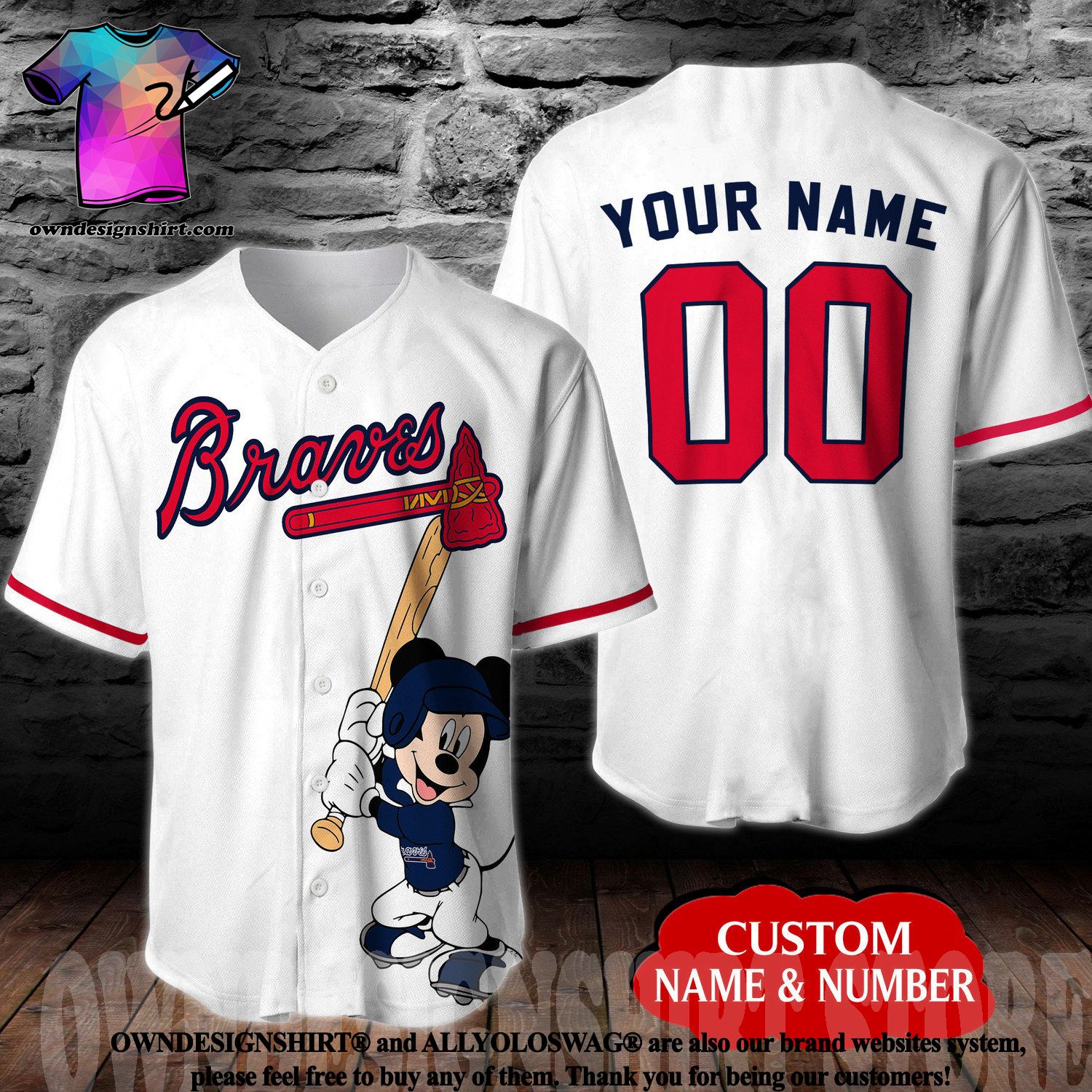 The best selling] Custom Atlanta Braves Mickey Mouse Disney All Over Print  Unisex Baseball Jersey - White