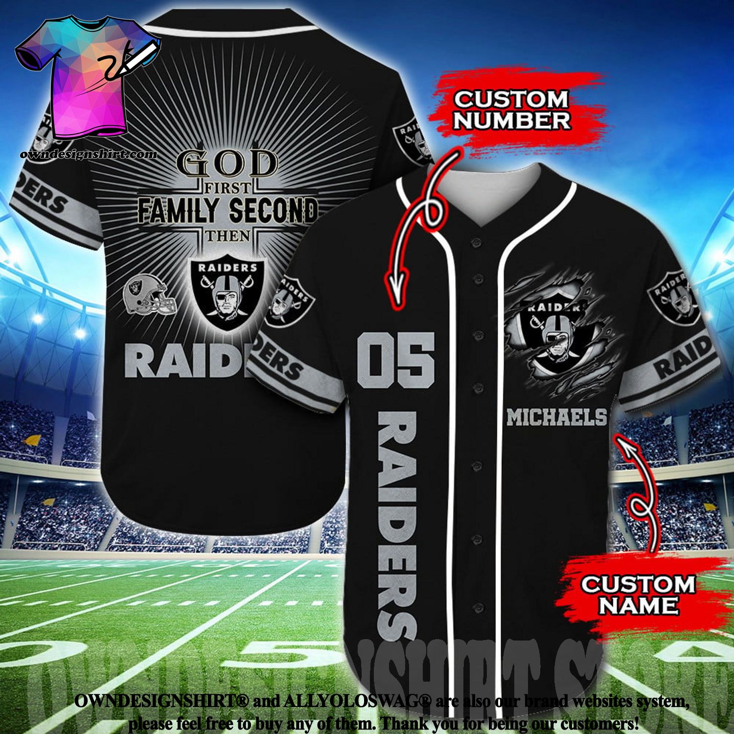 The best selling] Custom God First Family Second Then Las Vegas Raiders  Full Printed Baseball Jersey - Black