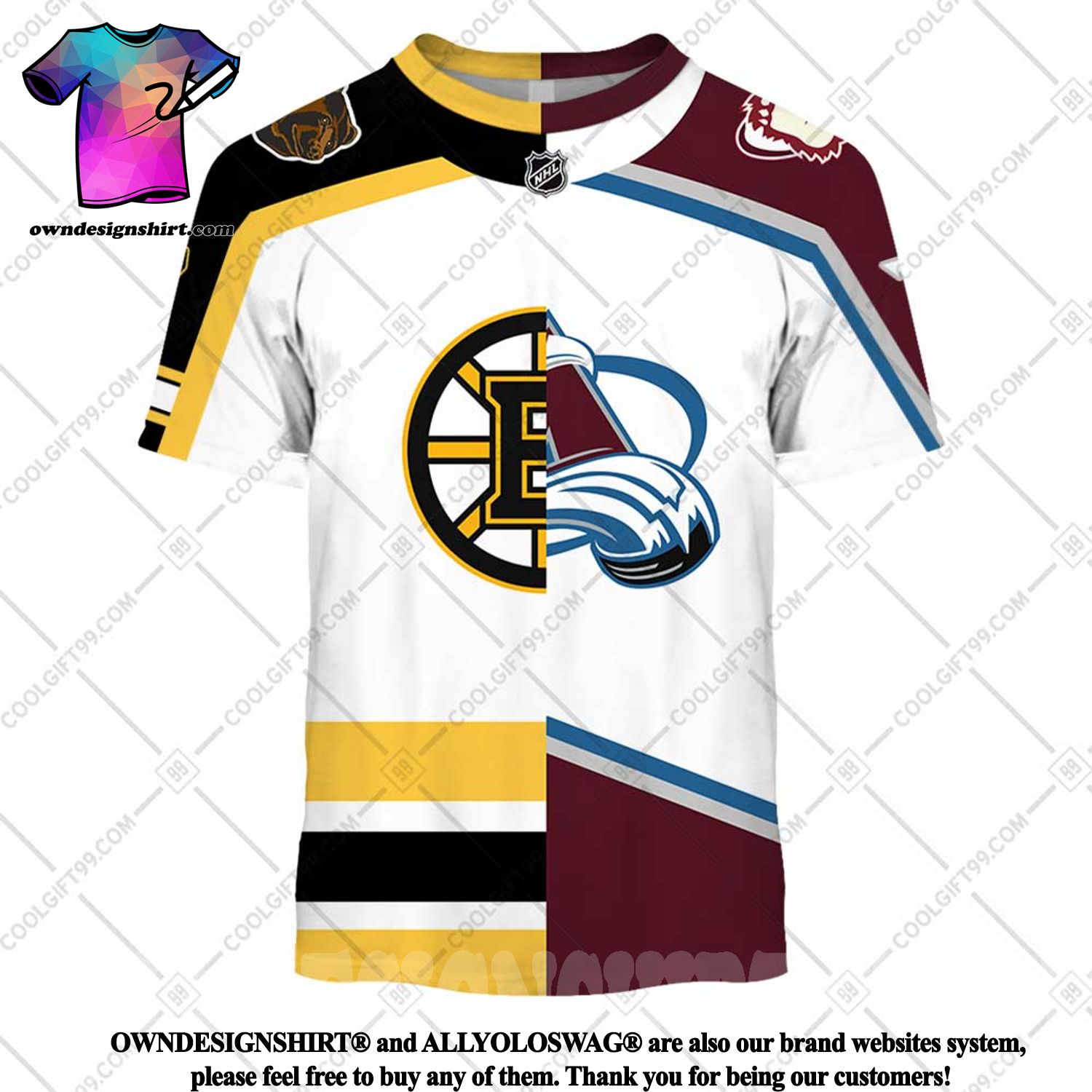 The best selling] NHL Bourque 77 Boston Bruins x Colorado Avalanche Half &  Half Style New Fashion Full Printed Shirt