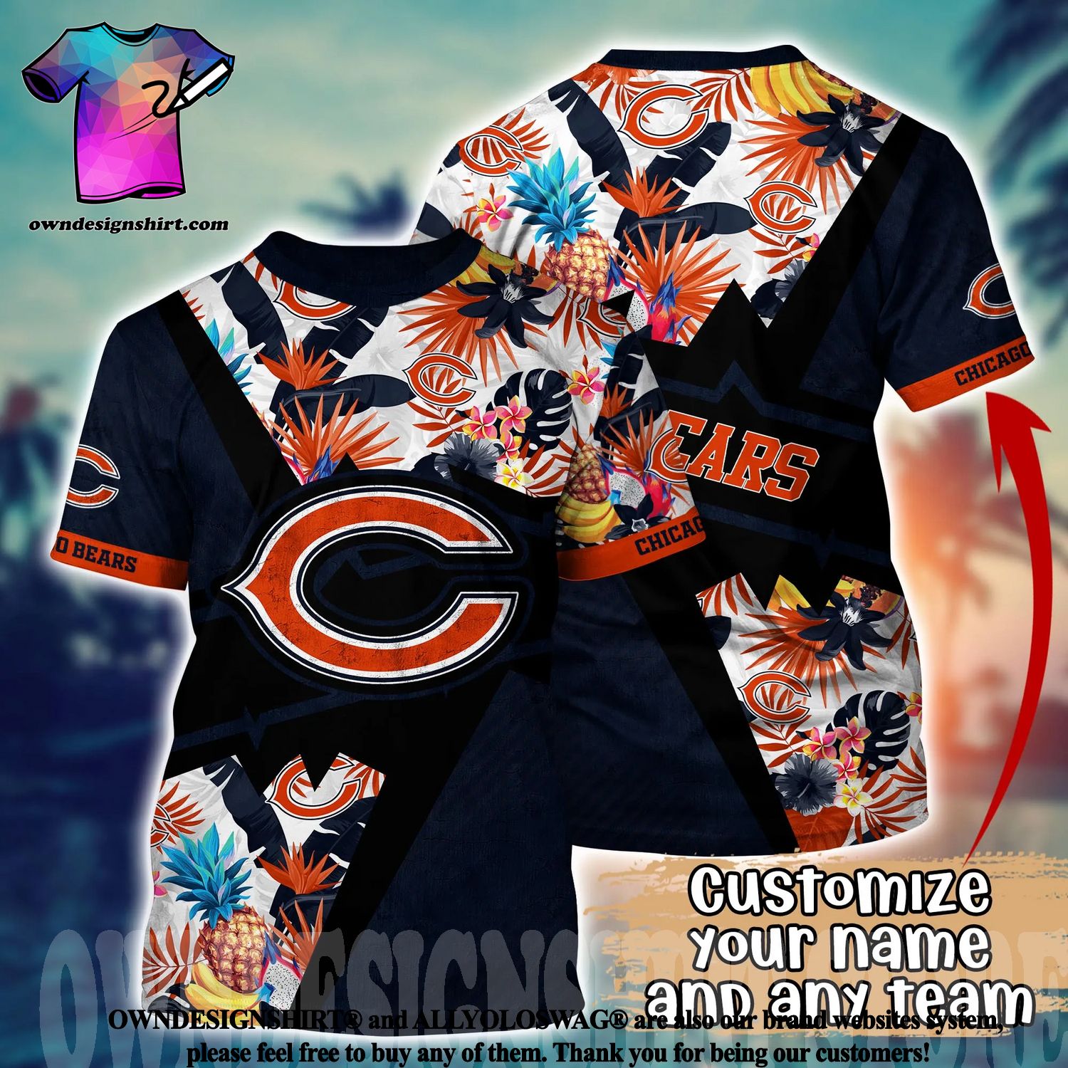 Chicago Bears Tropical Floral America Flag Custom Name Hawaiian Shirt