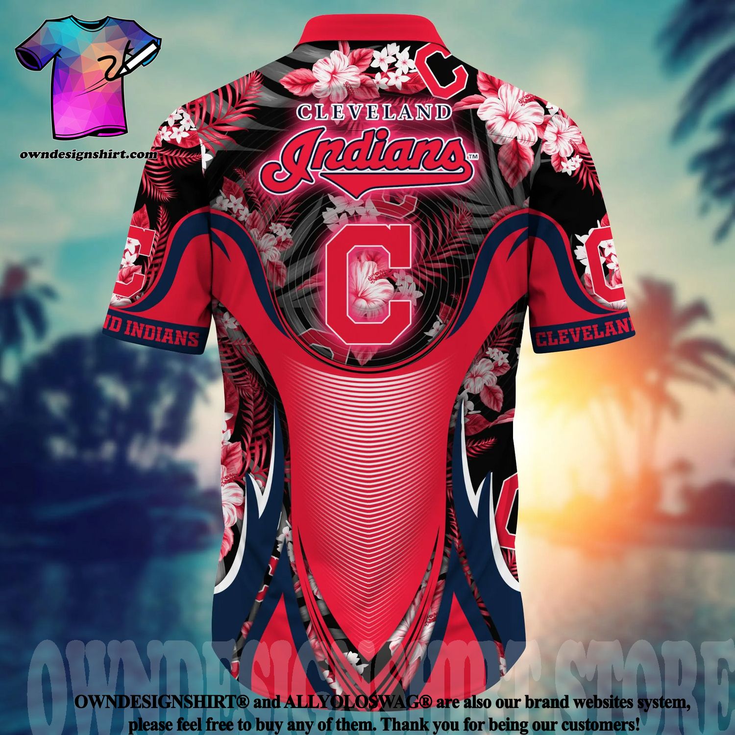 Cleveland Indians Red And White Hibiscus Dark Leaf Black Background 3D  Hawaiian Shirt Gift For Fans - Freedomdesign