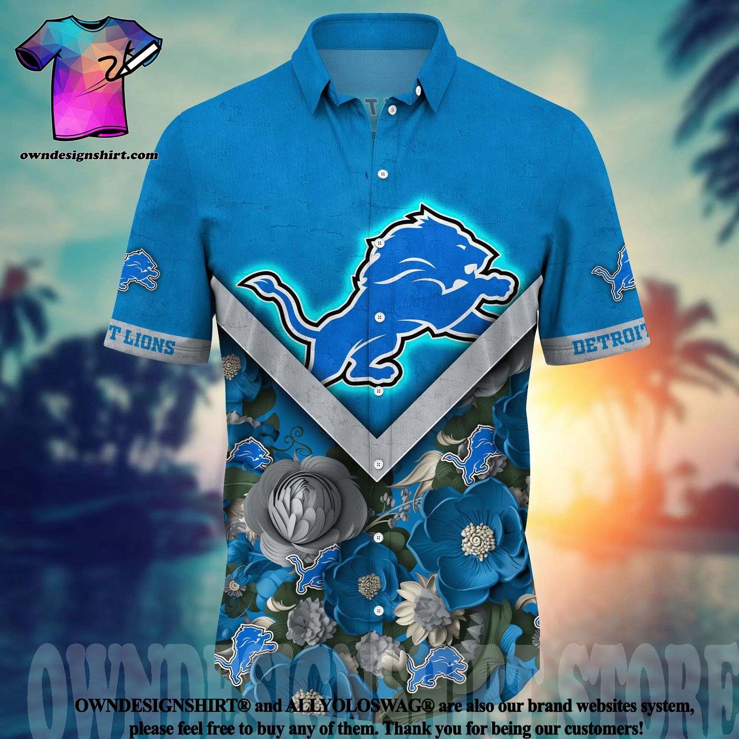 Detroit Lions Skull Flower Hawaiian Shirt - Growkoc