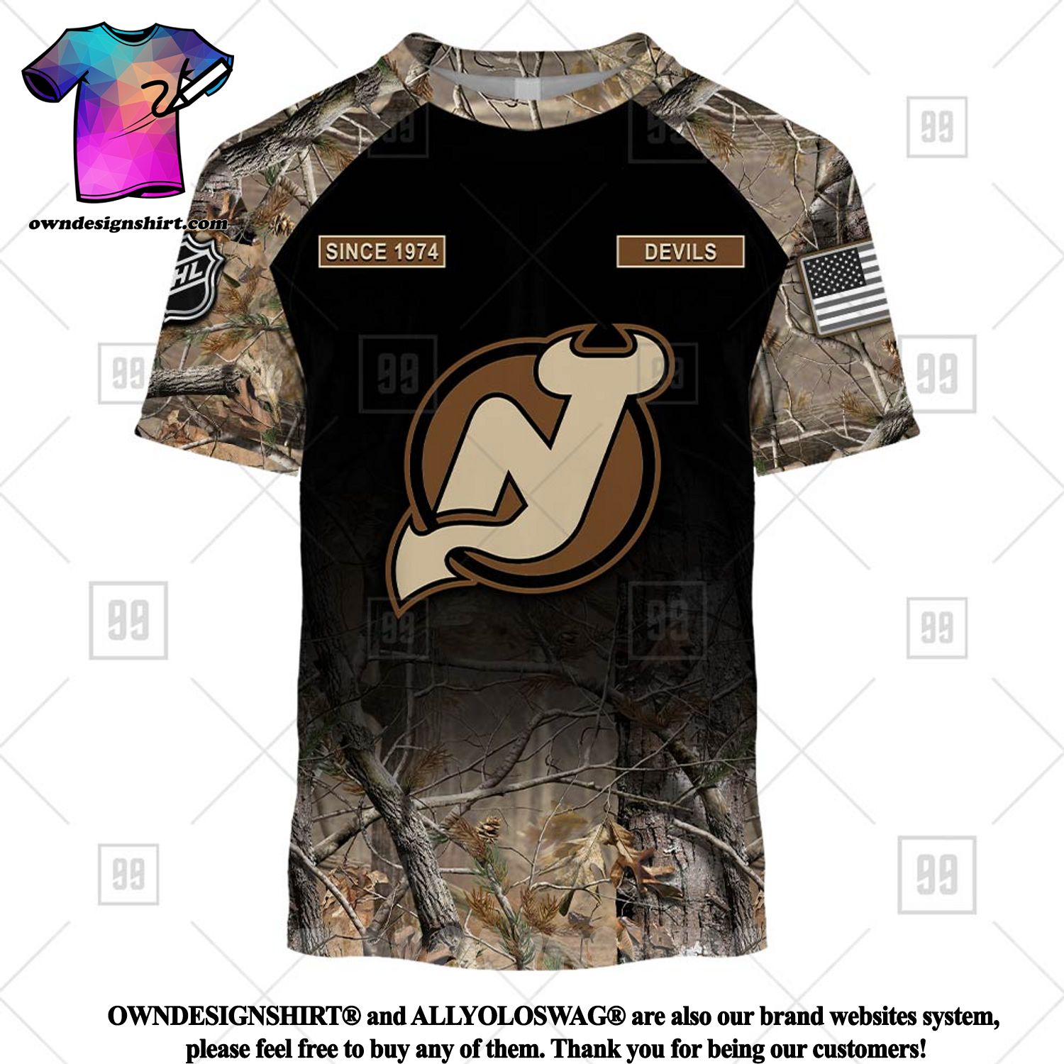 The best selling] NHL New Jersey Devils Design Wih Camo Team Color And  Military Force Logo Full Printing Shirt