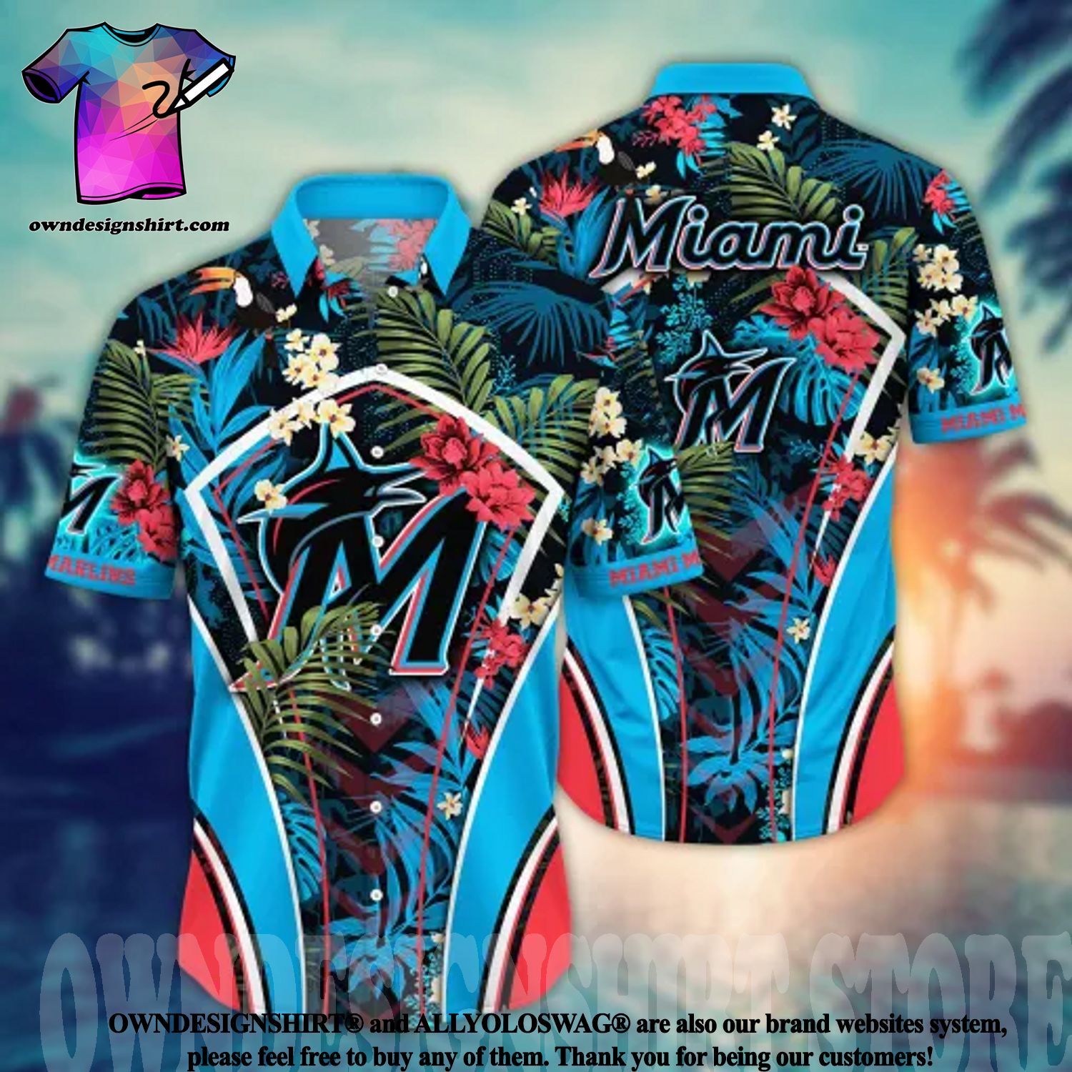 Miami Marlins Big Logo And Light Coral Hibiscus 3D Hawaiian Shirt Tropical  Style