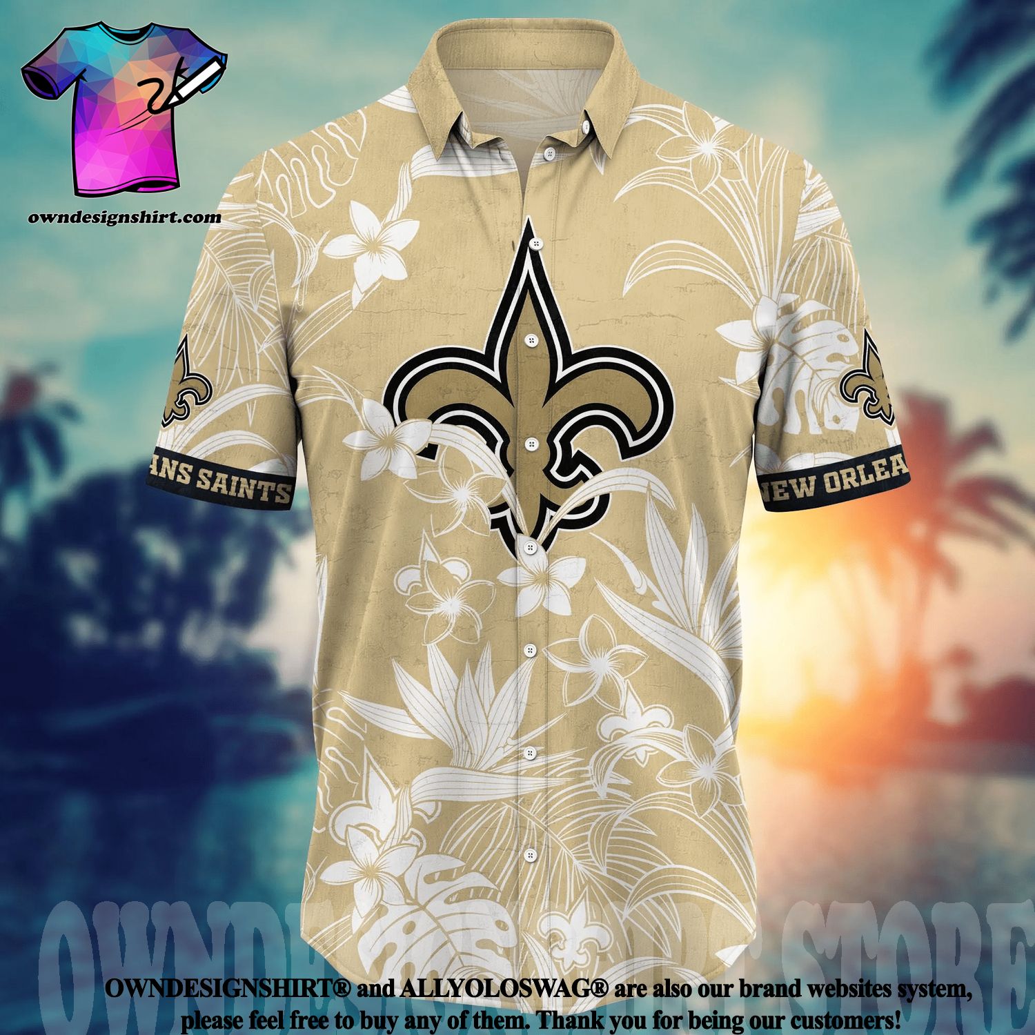 New Orleans Saints Men Summer Hawaiian Outfit 2 Piece Button Down Shirt +  Shorts