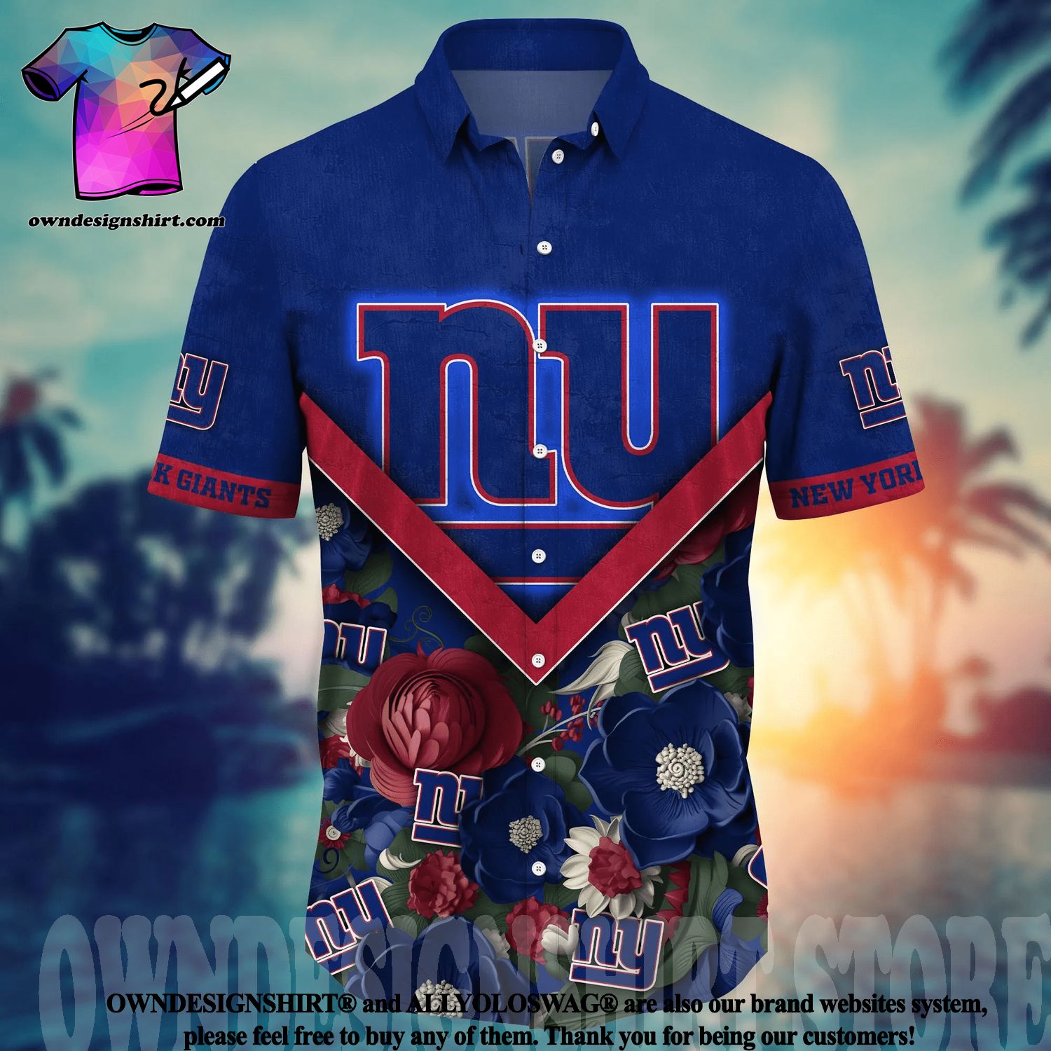 NY Giants Hawaiian Shirt Floral Print American Flag Style Hot Summer